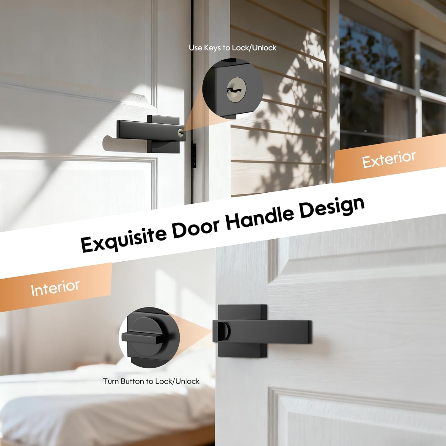 Keyed Alike Door Handles 3 Pack(Same Keys), Matte Black Door Handle with Lock, Zinc Alloy Black Exterior Door Handle, Door Handles Interior for Bedrooms, Heavy Duty2lbs,Reversible for L/R