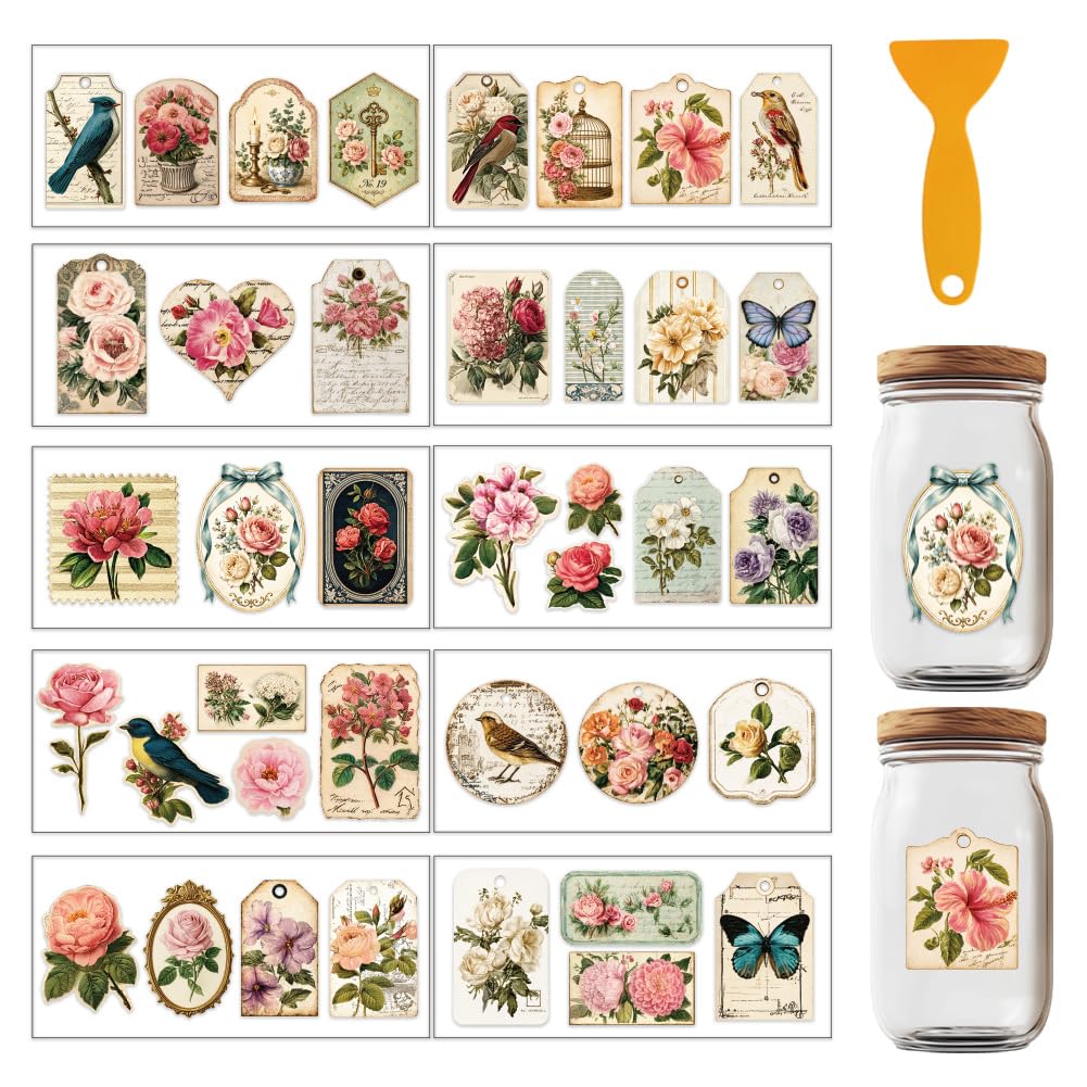 GOMAKERER 10 Sheets Vintage Floral Tag Theme UV DTF Cup Wraps, Antique Flower & Bird Stickers Waterproof Rub on Transfer Reusable DIY Vinyl Decals for Glass Cups Furniture
