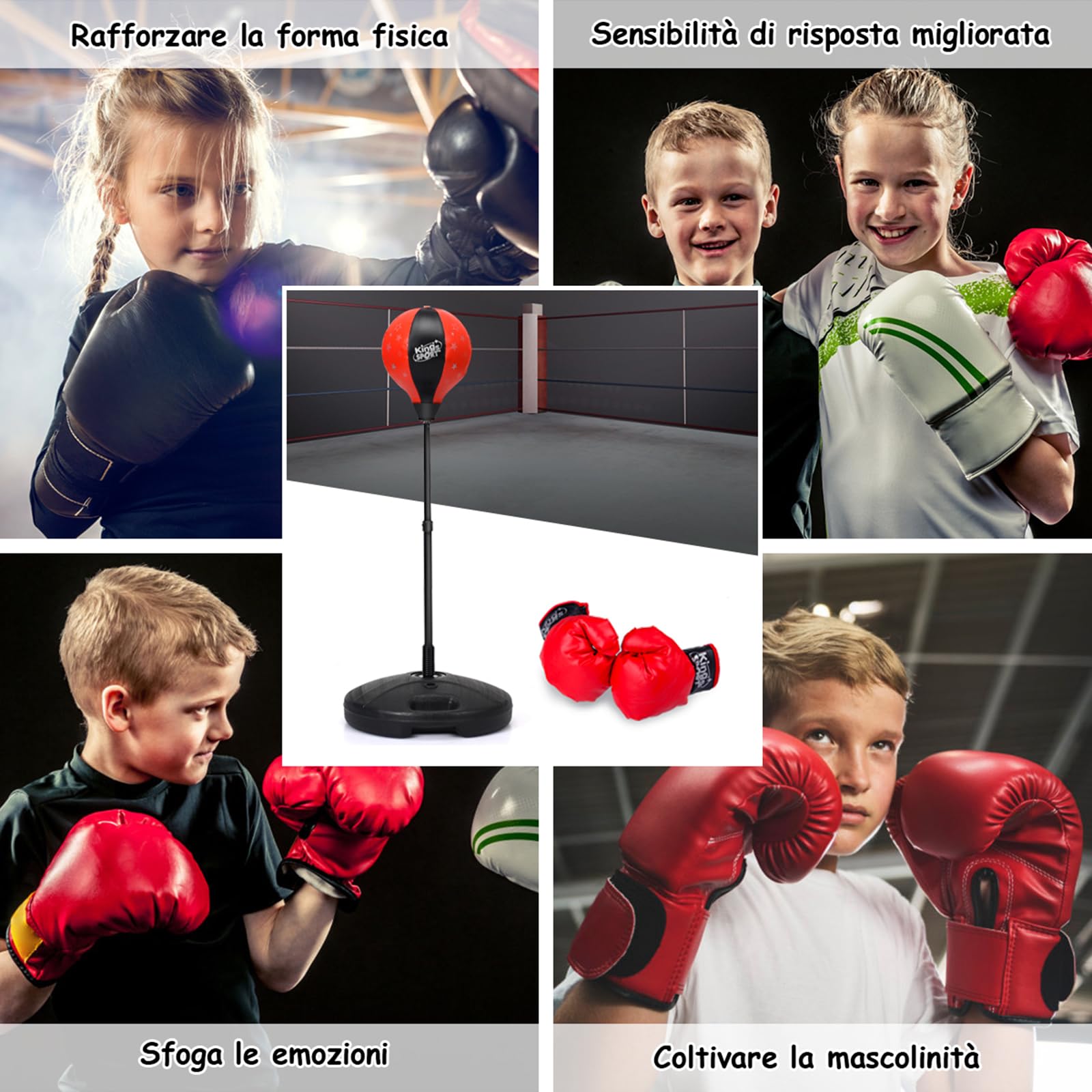 COSTWAY Sacco da Boxe per Bambini Altezza Regolabile, Punching Ball per Bambini con Guantoni, Palla di Pugilato da Terra con Base Stabile Riempibile con Acqua o Sabbia