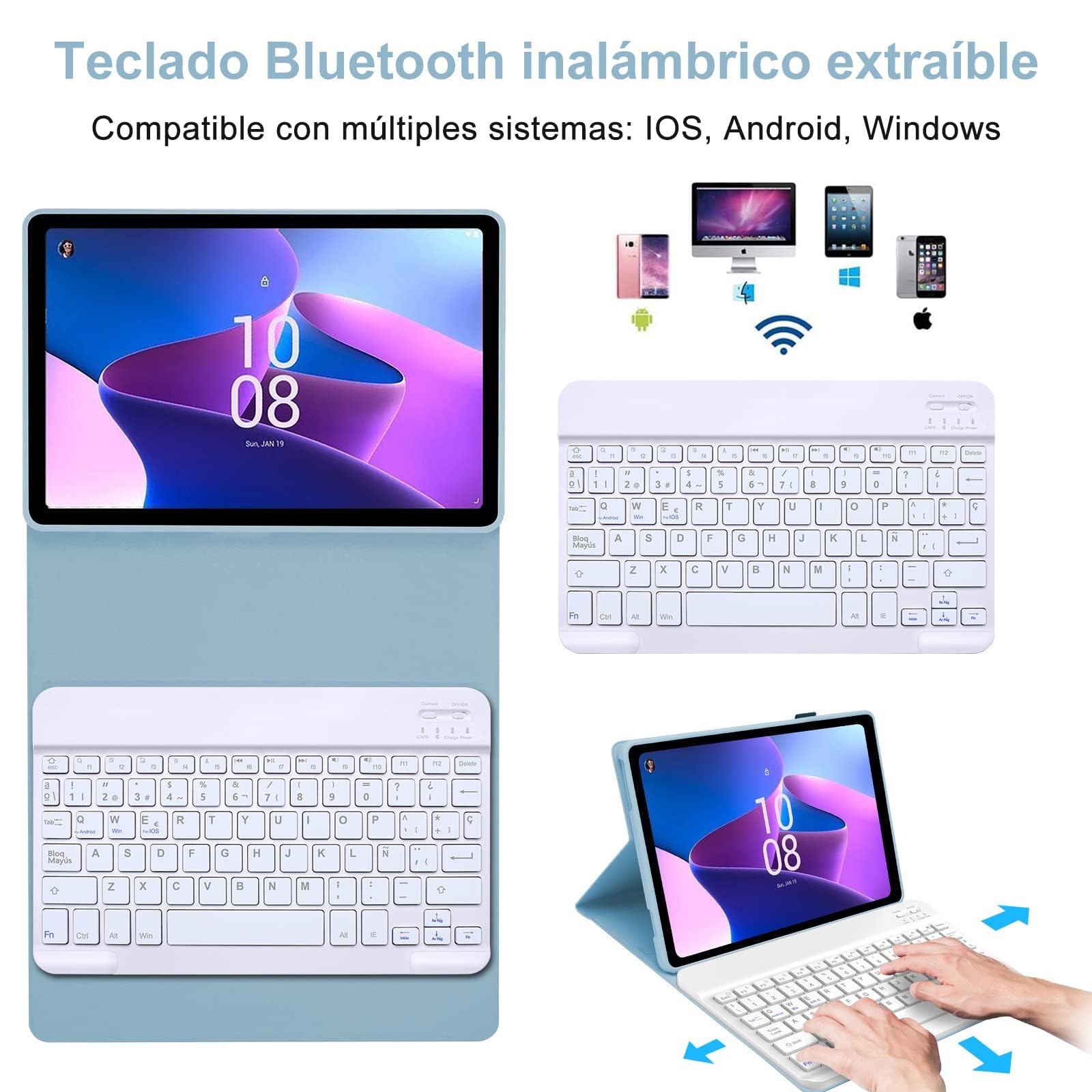 IVEOPPE Teclado para Lenovo Tab M10 Plus 3rd Gen, Funda Teclado Español Ñ Inalámbrico Magnético Desmontable para Lenovo Tab M10 Plus 3rd Gen, 10.61" 2022, Azul Cielo