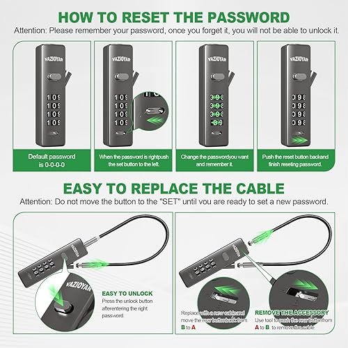 Miniatura 6 de Cerraduras de cable con combinación, cerradura de bicicleta, cerradura de maletas, viene con 3 longitudes diferentes de cables, bloqueo de