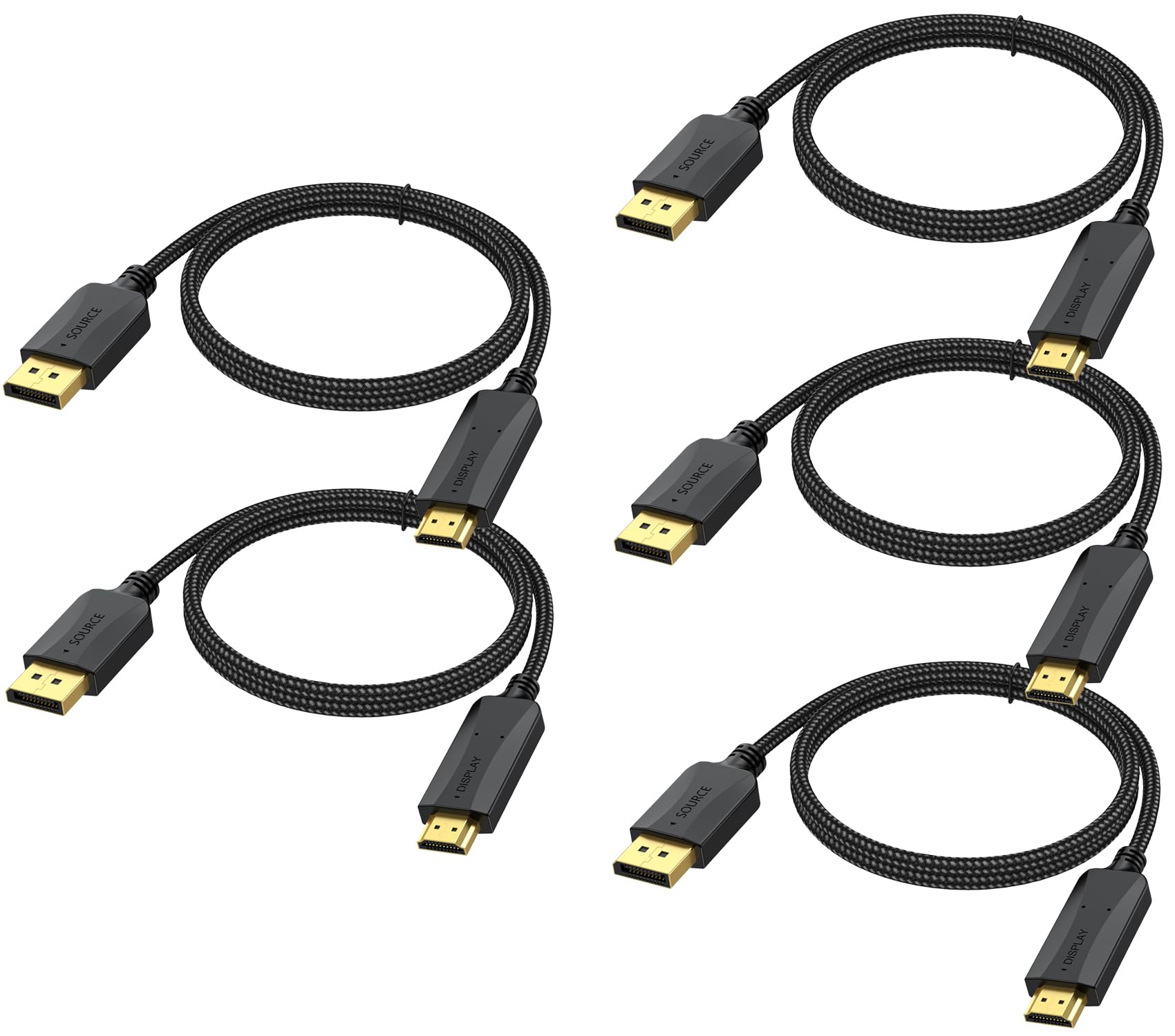 Paquete de 5 cables DisplayPort a HDMI 4K, 6 pies DP (puerto de pantalla) a HDMI, cable adaptador trenzado macho a macho, soporta video y audio (4k, 2160P, 1440P, 1080P), no bidireccional