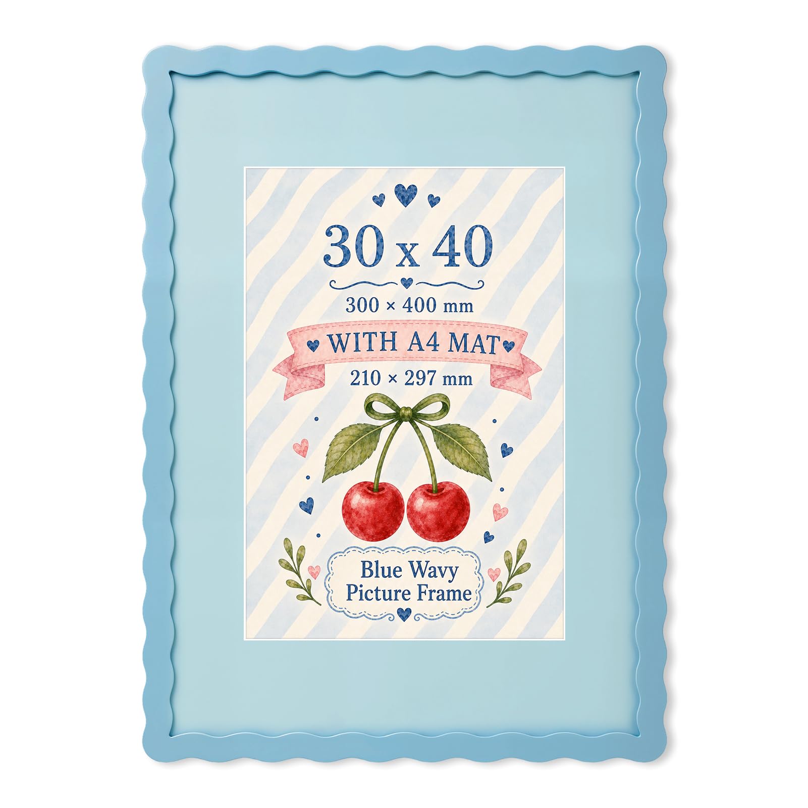 Wavy Edge MDF Picture Frame 30x40 Size with A4 Mat, Wall Mount Display,Blue