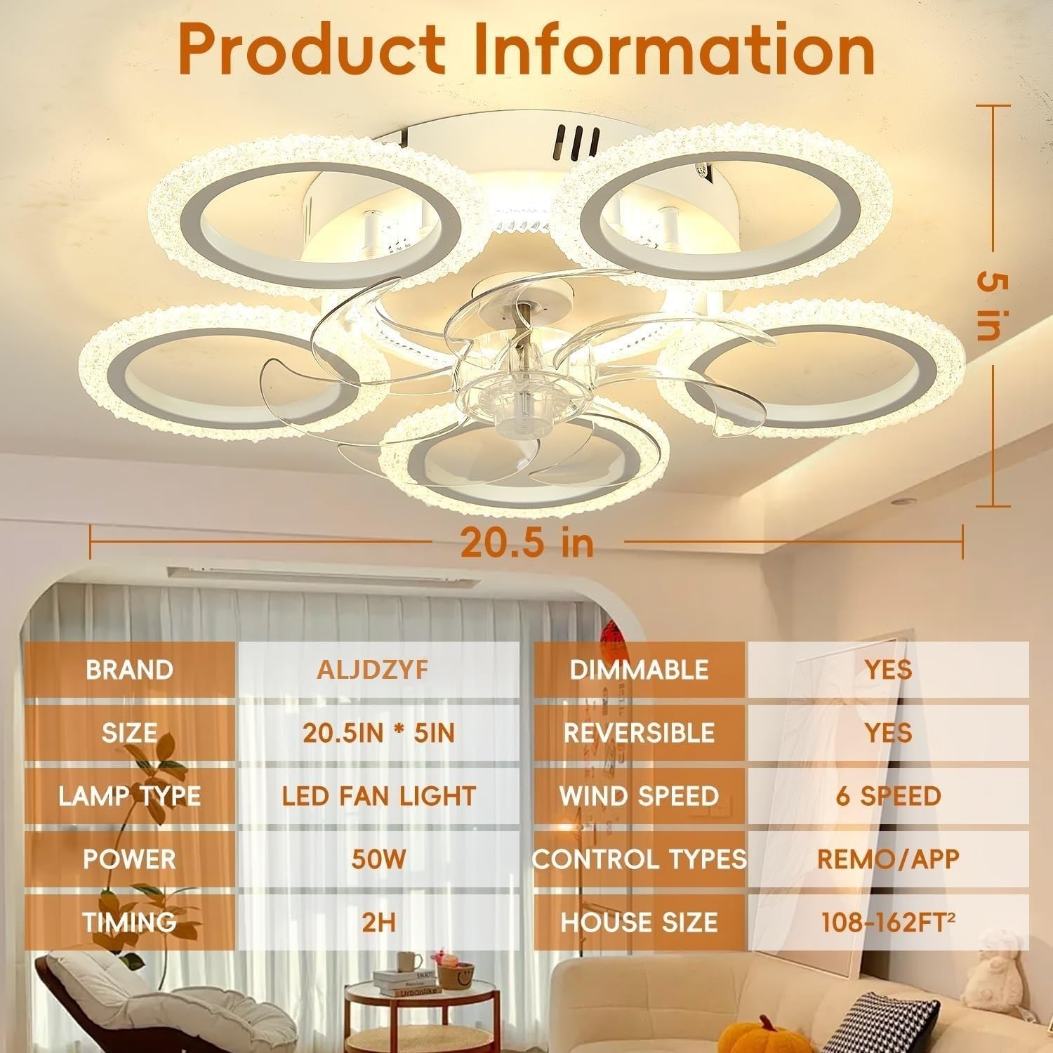 21 Inch Smart Ceiling Fan with Light, DC Motor Remote Control, 6-Speed Quiet Reversible Dimmable LED Light, 3 Color Temperatures for Bedroom Living Room(White)