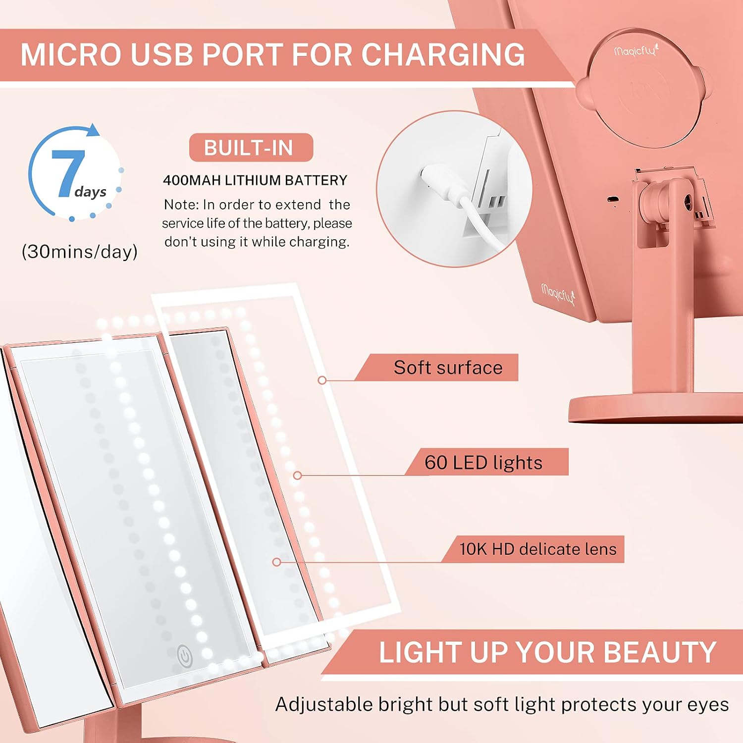 Magicfly Lighted Makeup Mirror Rechargeable Vanity Mirror with 1X/2X/3X/10X Magnification, 2 Dimming Modes with Touch Control to Adjust Brightness, Portable Trifold Mirror with Lights (Rose Gold)