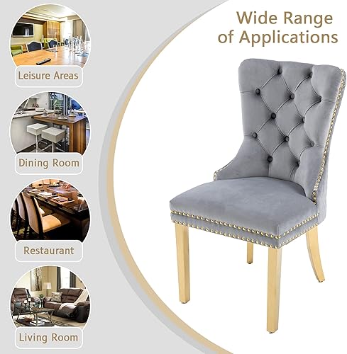 Miniatura 26 de KCC Juego de 2 sillas de comedor tapizadas de terciopelo, modernas sillas capitoné con botones con anillo de cabeza de león y patas de acero Patas