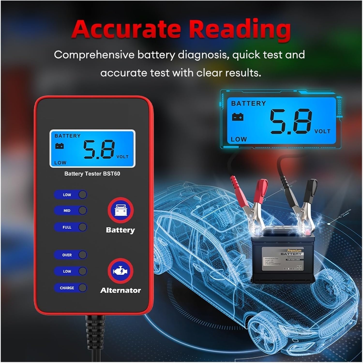 BST60 12V Digital Car Battery Tester Quick Tester Alternator Charging with Lighter Adapter Car Battery Test Tool for Battery Testing