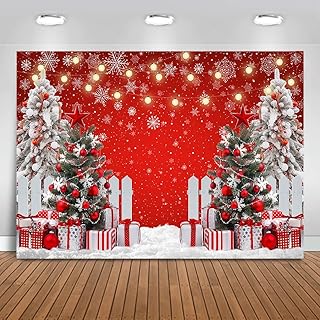 Mocsicka Christmas Snow Tree Photography Backdrop Xmas Rustic Lights Red Photo Background Decorated Tree Family Kids Holiday Party Banner Decorations Photo Booth Props (7x5ft)