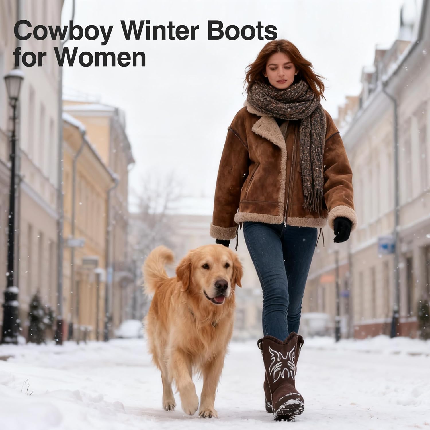 JSWEI Women's Winter Embroidery Snow Boots – Lightweight Shoes Warm Shearling Furry Lining Cozy Outdoor Fashion Ankle Cowgirl Boots