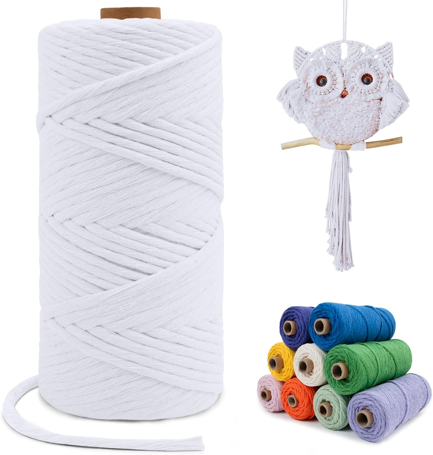 Single Strand Macrame Cord 4mm x 110yards, White Natural Cotton Macrame Rope Yarn for Wall Hangings, Plant Hangers, DIY Crafts, Home Decorations