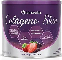 Colágeno Skin Para Pele Cabelos e Unhas - Colágeno Em Pó Hidrolisado Skin 200g - Sanavita (Morango com Açaí)