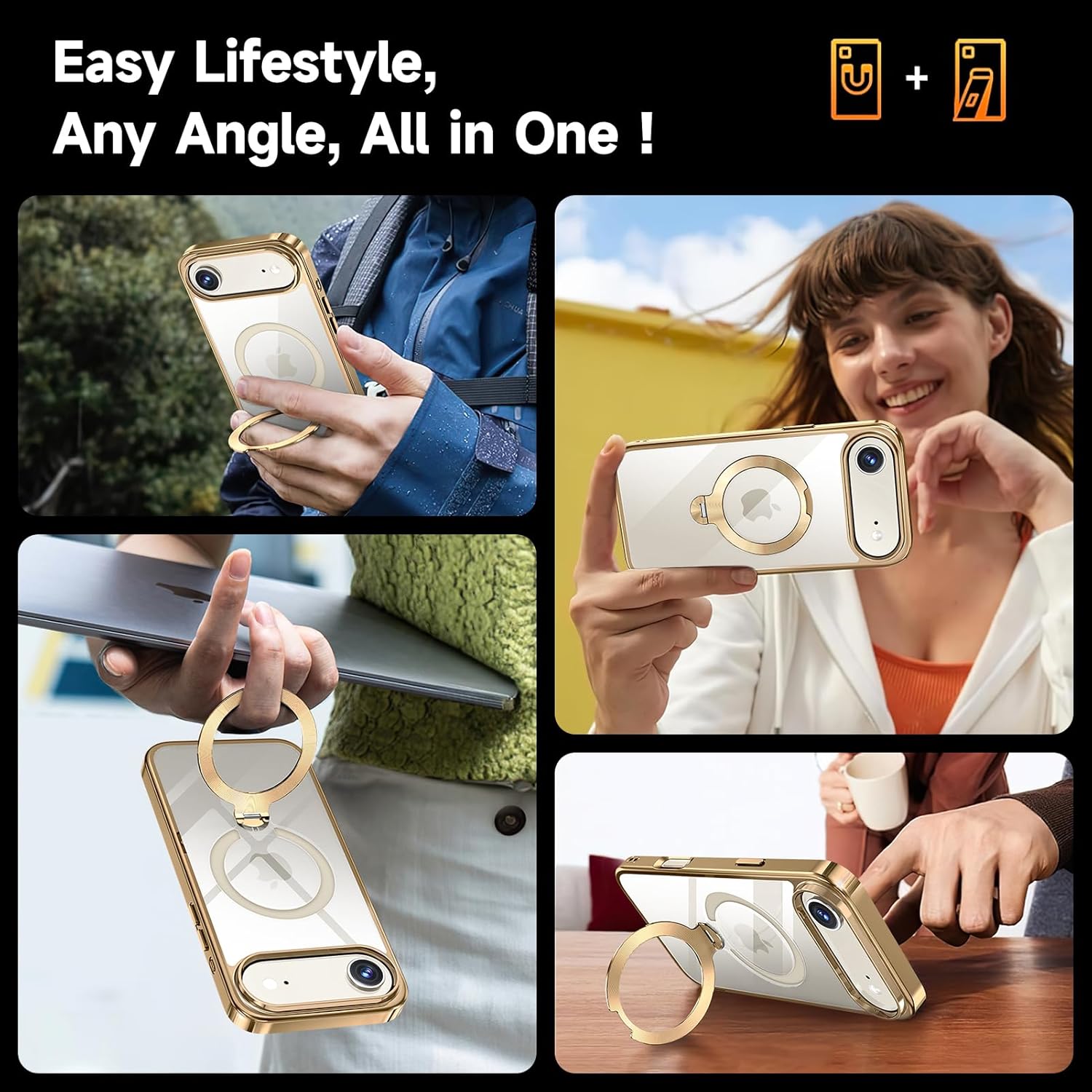 [Tri-Shield Protection] for iPhone Air Case with 360° Spin Stand Compatible with MagSafe [Magnetic CD Ring] [Screen & Camera Lens Protector] Shockproof Plating Never-Yellowing, Gold-6.5"