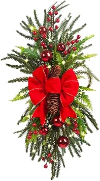 Christmas Swags, Prelit Xmas Stairway Swag Christmas Decorations, Artificial Winter Garland with Bow, Balls, Artificial Christmas Swag, Christmas Wreath with Lights A