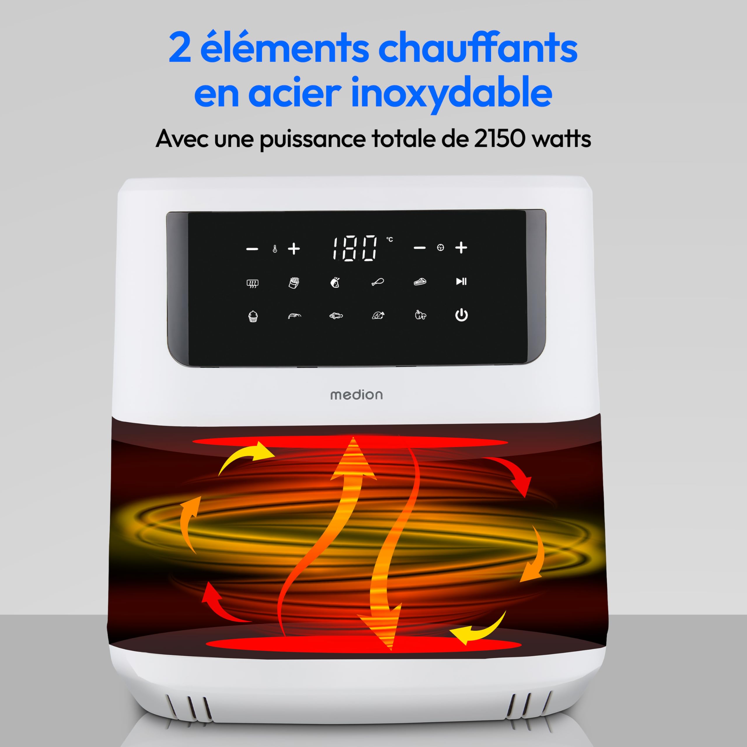 MEDION P10 XL Friteuse à air chaud (6,8 L XXL, Airfryer, 2.150 W, double résistance inox, alarme de secouage, 9 programmes, écran LED tactile) mat
