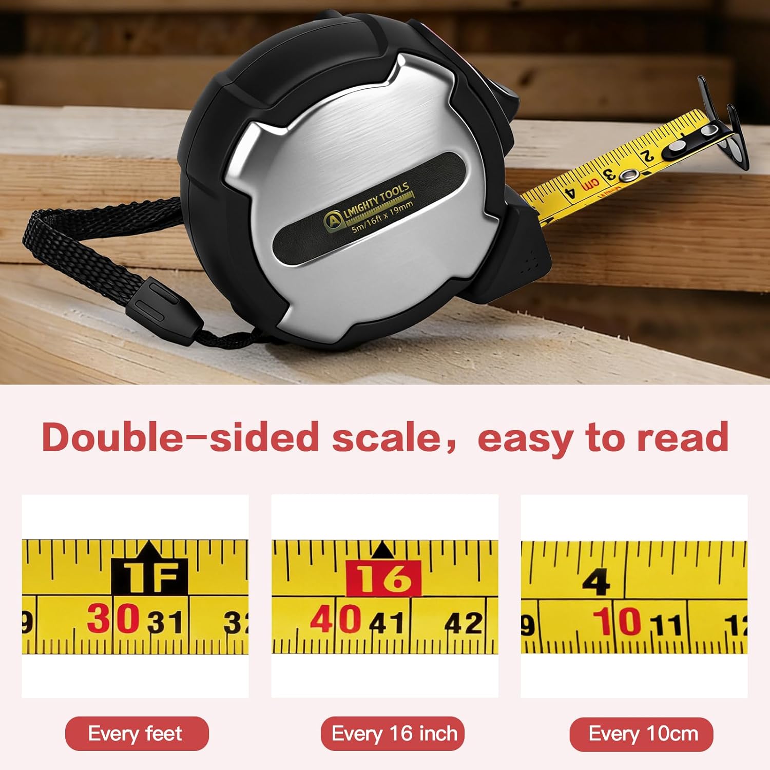 16FT Tape Measure, Small Retractable Measuring Tape, Mini Tape Measure with Metric/Inch, Dual Sided, Magnetic Hooks, Rubber + Stainless Steel Case, for Home, Construction & DIY (16ft)