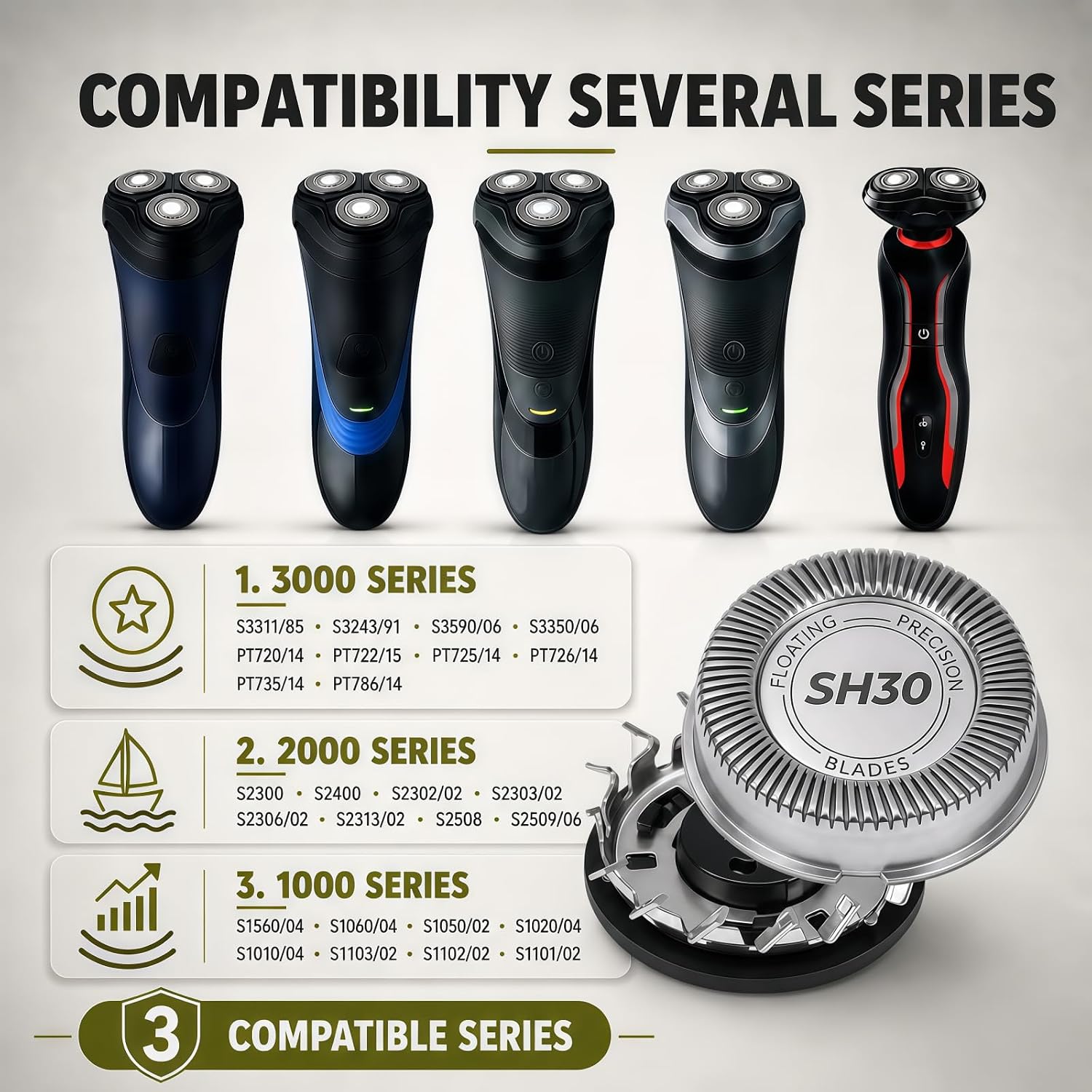 SH30 Replacement Head Compatible with Philips Norelco Series 3000 2000 1000 | 3 Pcs Silver for Shaver Series 3000, 2000, 1000 Durable Shaver Replacement Blades