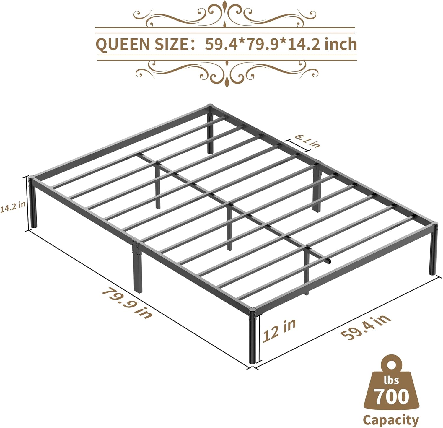 Metal Platform Queen Bed Frame with 12″ Reinforced Platform Metal Bed Frame, Plenty of Storage/No Box Springs Required/Easy Assembly