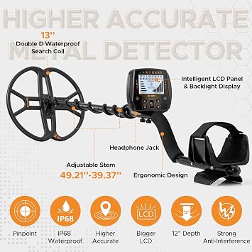 13 Metal Detector for Adults Professional, Double-D Waterproof Search Coil Gold Finder with Pinpoint, High Sensitivity DISC Mode, LCD Backlight Display Gold Detector