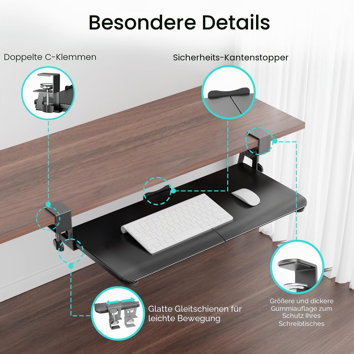 NearHub Tastaturauszug Tastatur Halterung Auszug Tastaturabage Ausziehbar Untertisch-Tastaturständer mit C Klemme,Ergonomisches Design, Karbonoptik Passt,Größe: 65cm((76 cm Klemmen) x 30cm,Schwarz