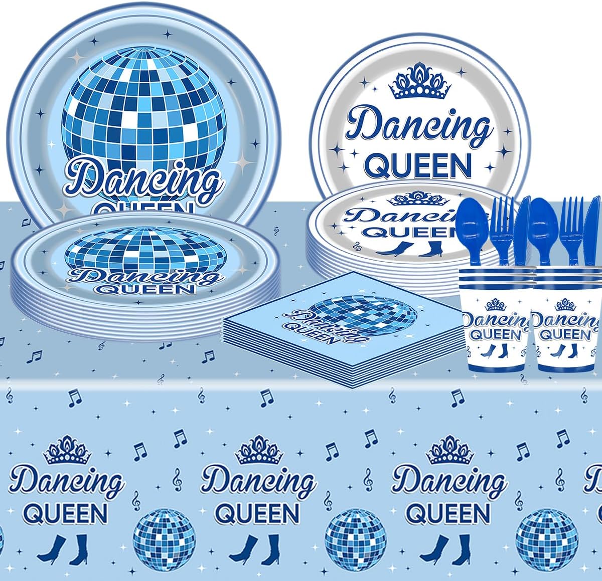 Dancing Queen Party Supplies Set, Blue Disco Ball Theme, 81 Pieces with Plates, Cups, Utensils, Napkins, Tablecloth for Birthday Celebration - Image 3