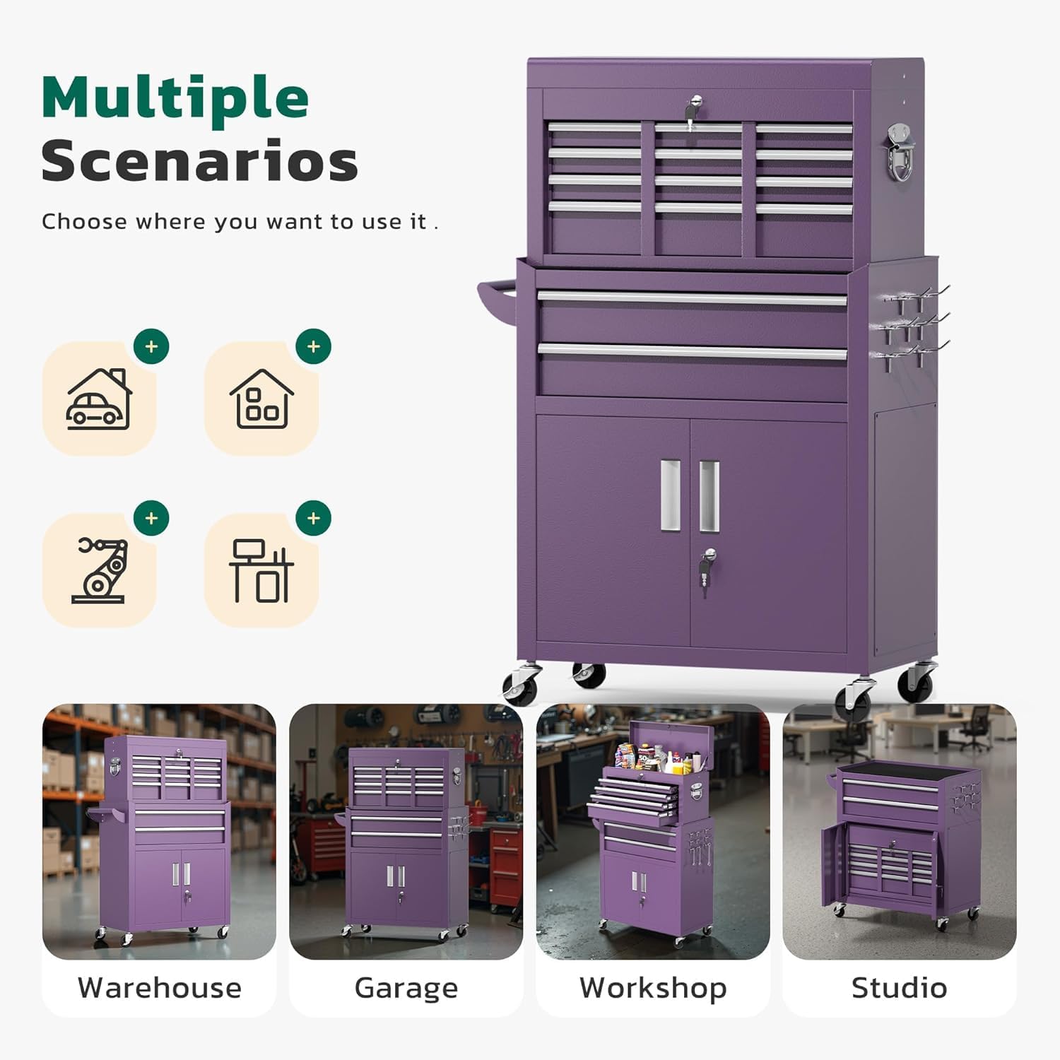 Greenvelly 8-Drawer Rolling Tool Chest, Metal Tool Chest with Wheels, Rolling Tool Box with Detachable Top Tool Box, Metal Tool Cart with Liner & Hooks for Garage, Workshop, Warehouse, Purple