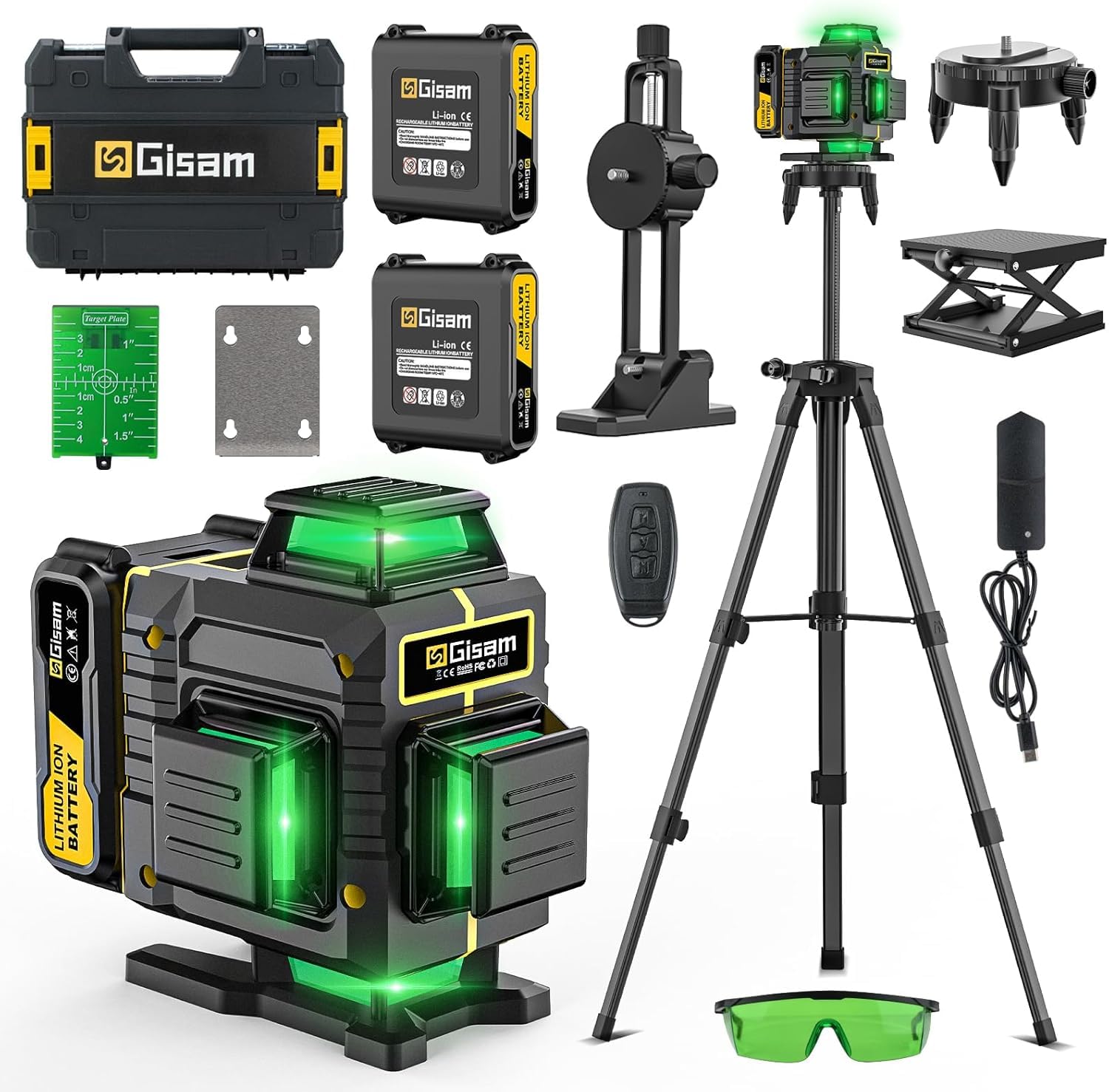 Kreuzlinienlaser mit Stativ,Multifunktionaler 4D-Laser mit 16 Linien, Fadenkreuz-Laser Wasserwaage, Bau Fadenkreuz Laser Wasserwaage,2 * 4800 Li-Ionen-Akku mit Ladeanschluss Typ C