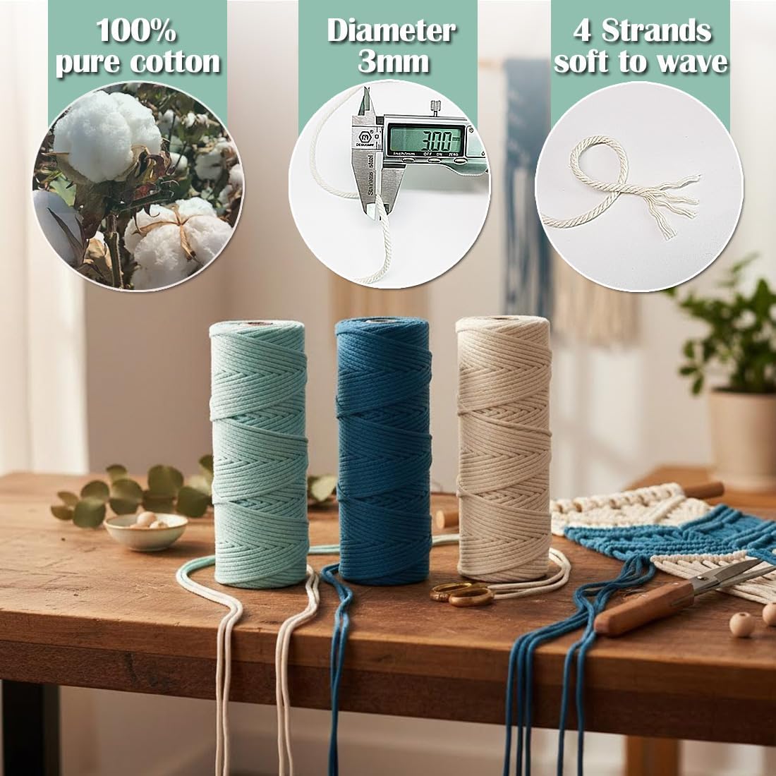 Ewparts Art Craft Macrame Kits for Adult Beginner with Instruction Book, Online Tutorials,Macrame Cord 3mm,Wood Ring/Beads,Wooden Dowel,Key Rings,Key Chain to Make Wall Hanging,Keycgain,Boho Decor