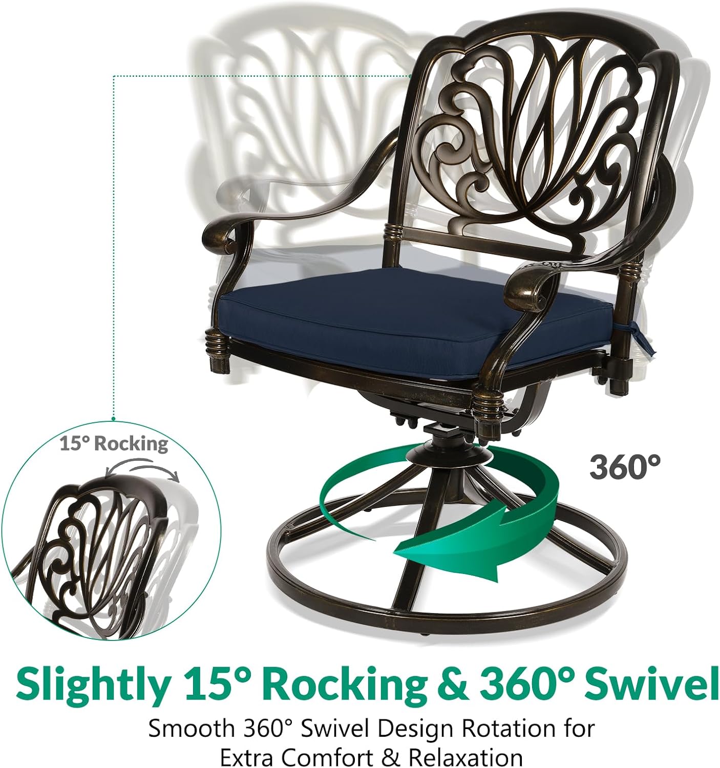 VIVIJASON 5-Piece Outdoor Patio Dining Set, All-Weather Cast Aluminum Conversation Set, Patio Furniture Set, Include 4 Swivel Dining Chairs, a 35.4" Round Table w/Umbrella Hole, Navy Blue Cushion