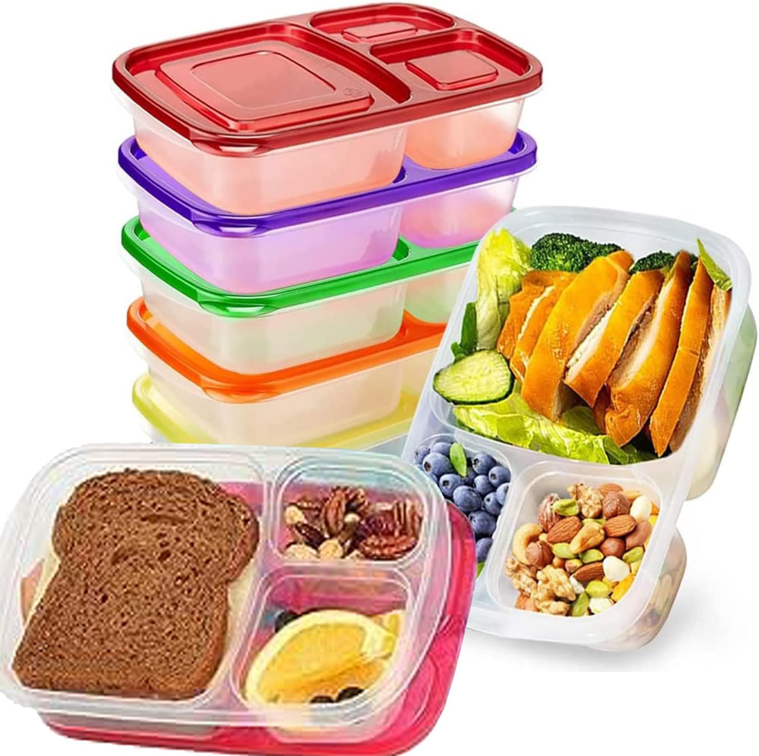 Premify 7 Pack Bento Lunch Box/Sandwich Box with 3 Compartments, Meal Prep Container, BPA-Free Stackable Plastic Leakproof Food Storage Box, Microwave & Dishwasher Safe
