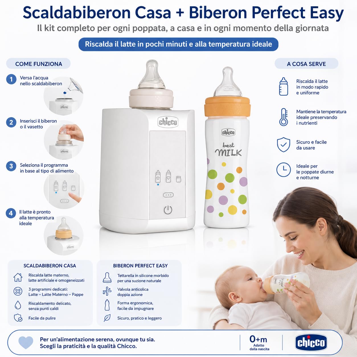 Chicco Kit Scaldabiberon Casa + Biberon Perfect Easy Neonato | Valvola Anticolica, Tettarella in Silicone, Riscaldamento Uniforme