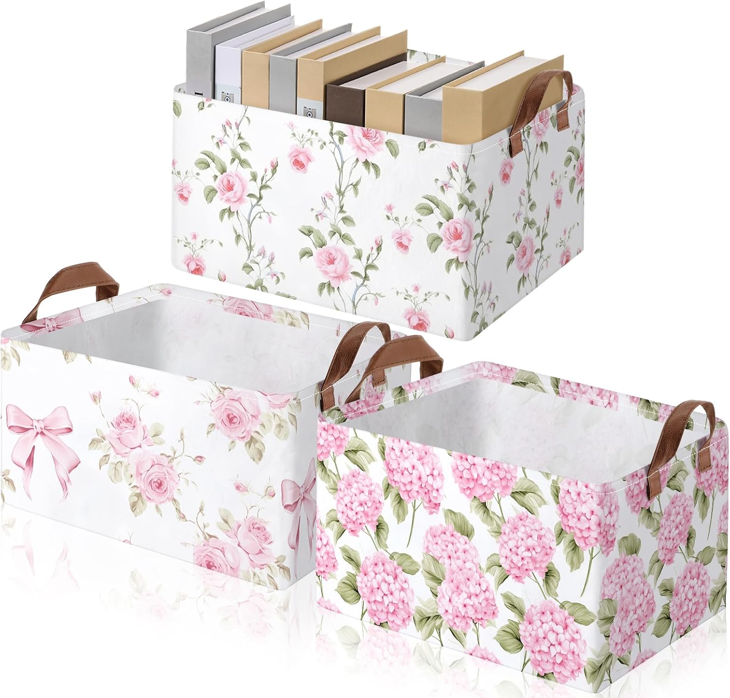 Boao 3 Pcs Pink Hydrangea Foldable Storage Baskets Pink Flower Laundry Basket with Handles Waterproof Storage Bins Fabric Shelf Baskets for Organizing Closet Clothes