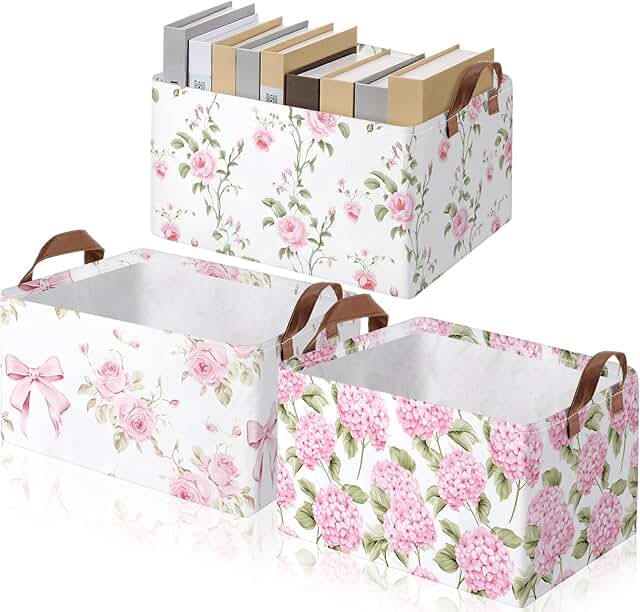 Boao 3 Pcs Pink Hydrangea Foldable Storage Baskets Pink Flower Laundry B...