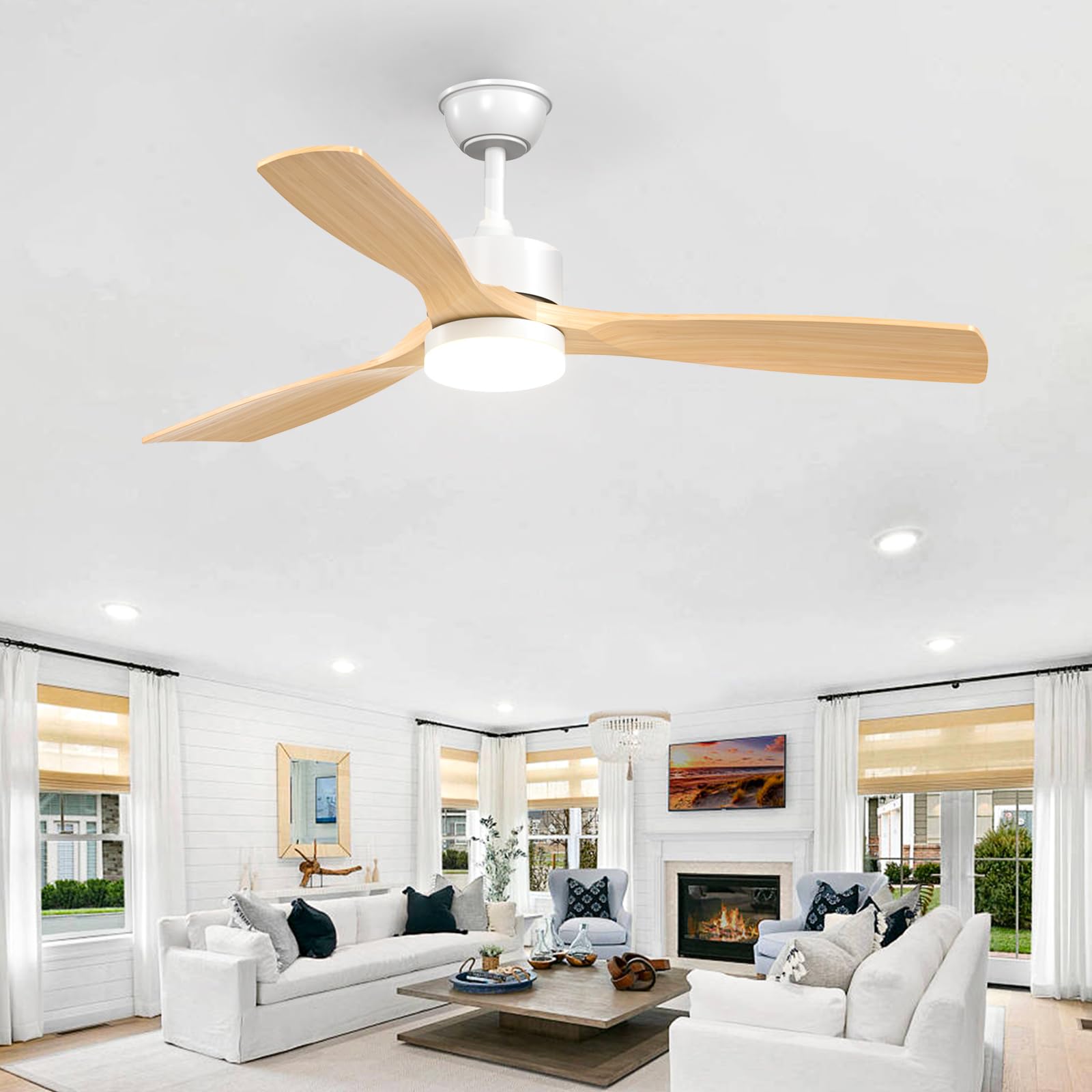 Passky Ventilatore da soffitto con illuminazione e telecomando, ventilatore da soffitto con luce, 3 pale, motore DC, 132 cm, bianco