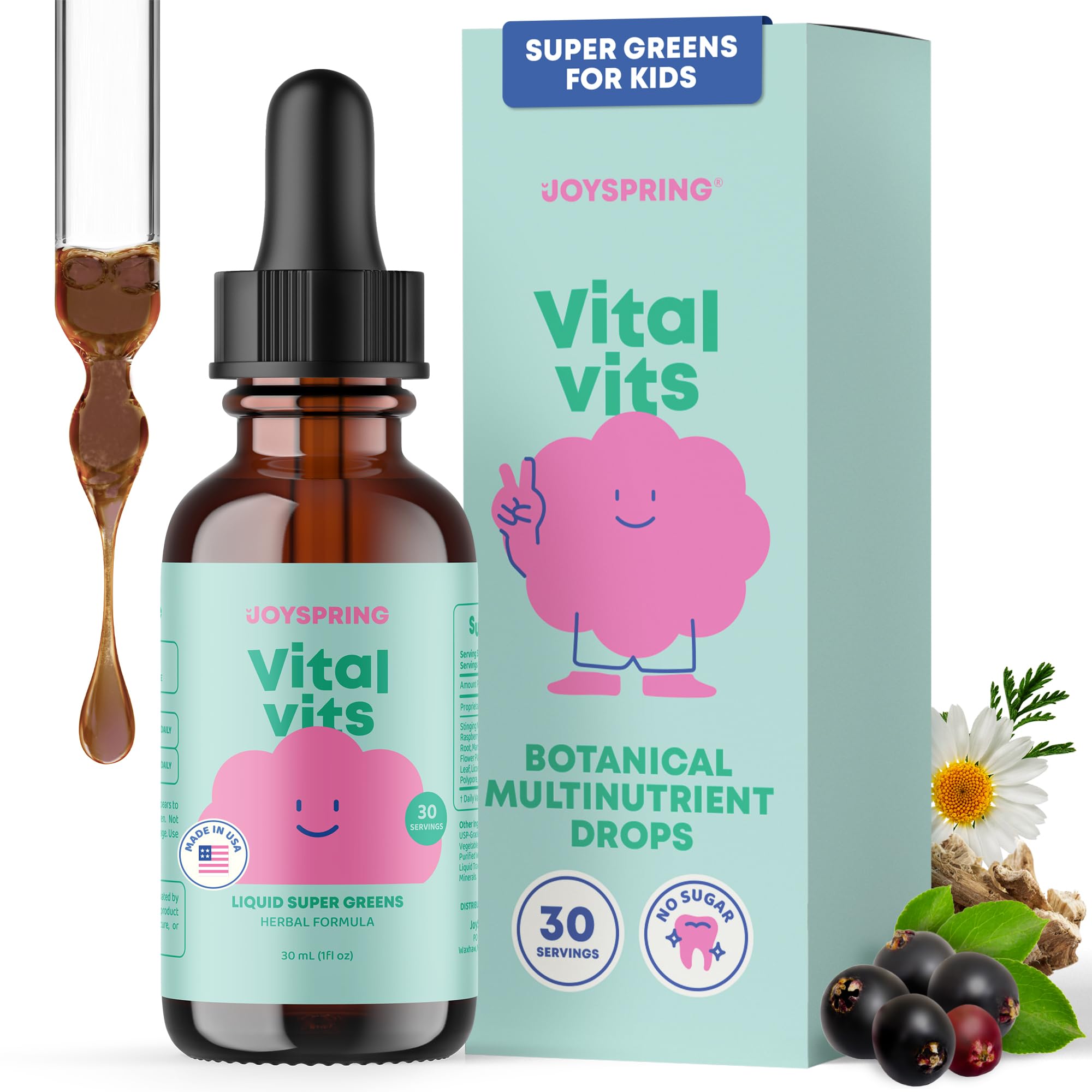 Vital Vits - Kids Liquid Multivitamin - 1 fl oz (30 Servings) | Herbal Liquid Vitamins for Kids | Natural Flavor | Toddler Multivitamin with Elderberry, Spirulina, and More