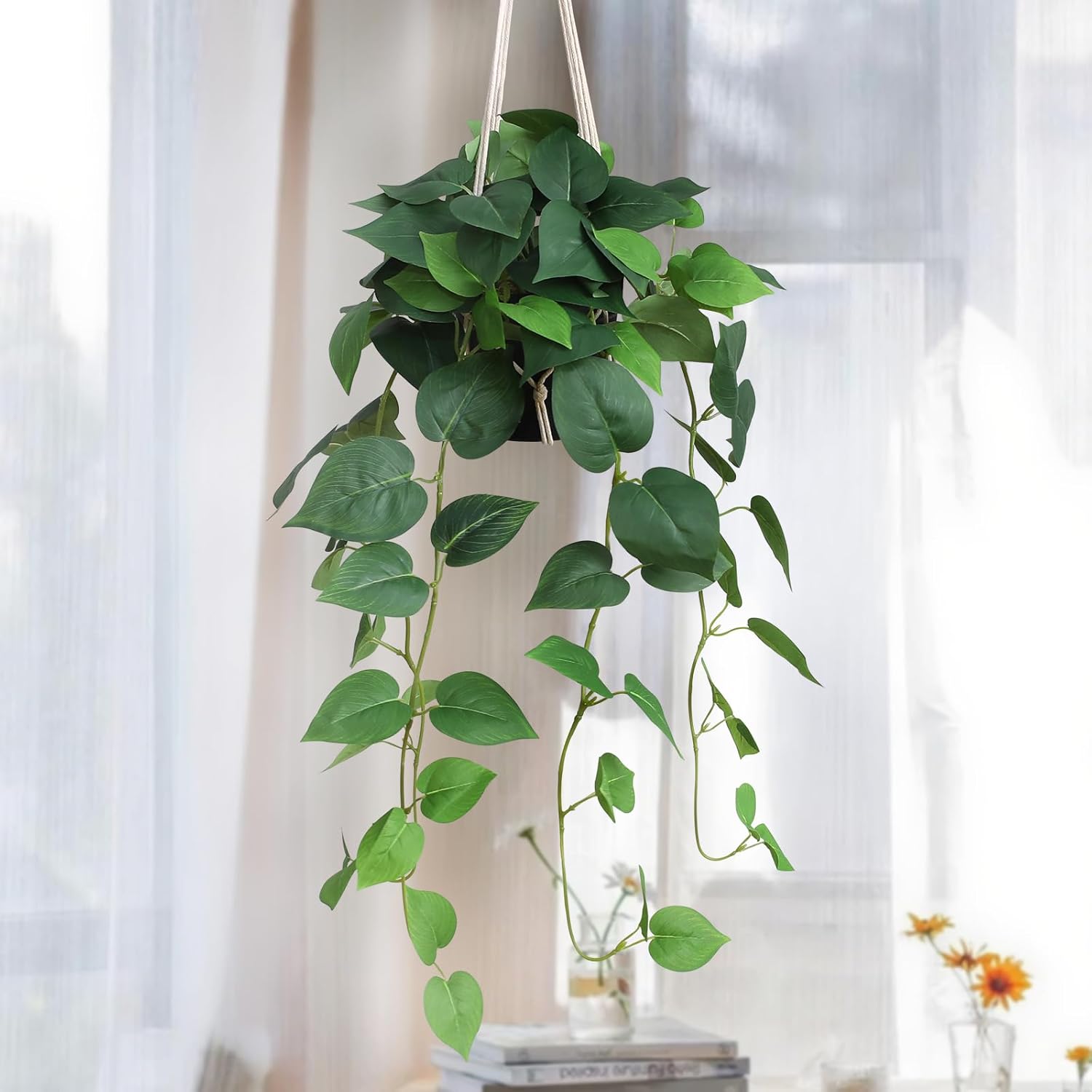 alyptus Fake Hanging Plants Artificial Decor Indoor Outdoor Realistic Silk Devil's Ivy Hanging Potted Plants Faux Greenery Plant Pothos Vines with Pot for Home (Hanging Pothos - Green)