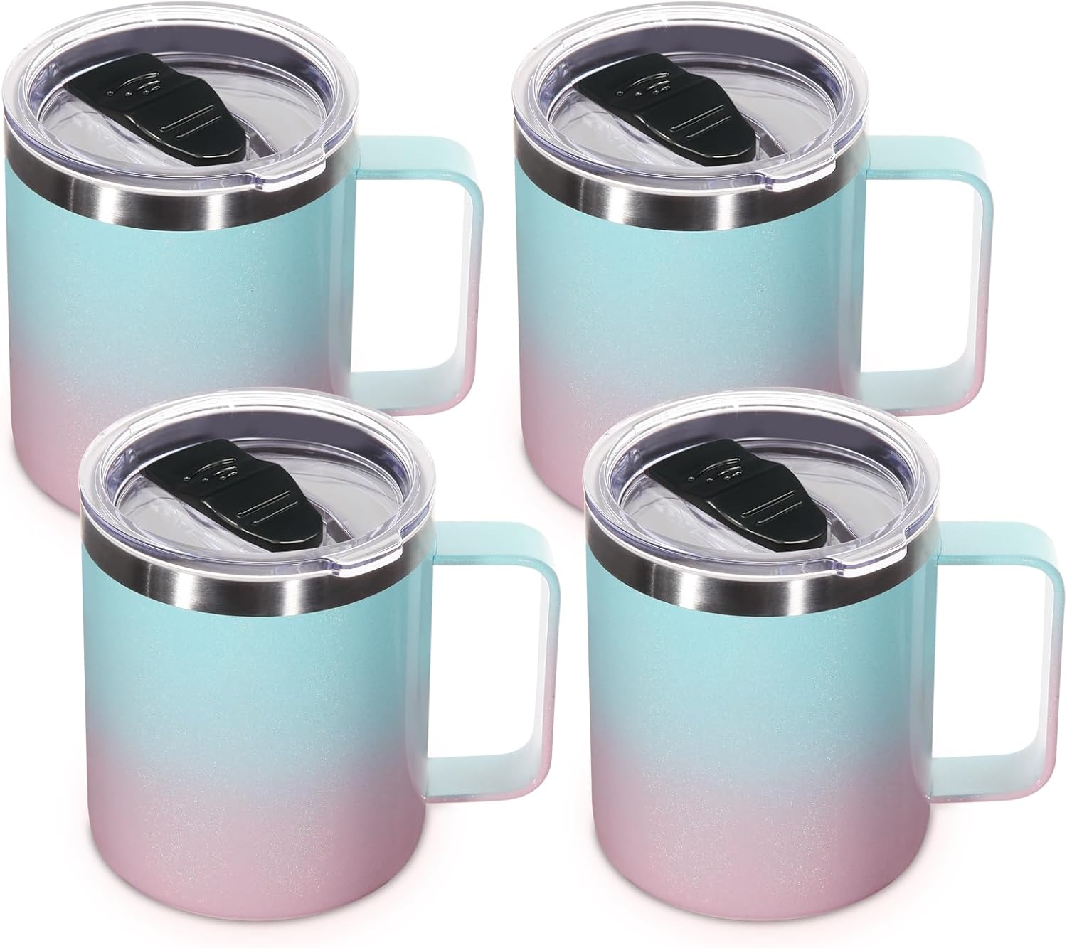Volhoply 14oz Insulated Stainless Steel Coffee Mug with Lid Bulk 4 Pack,Double Wall Vacuum Travel Coffe Cup with Handle,Reusable Thermos Tumbler,Camping Mugs Keep Hot,Ideal Gifts(Green Pink,4) 4 Green Pink