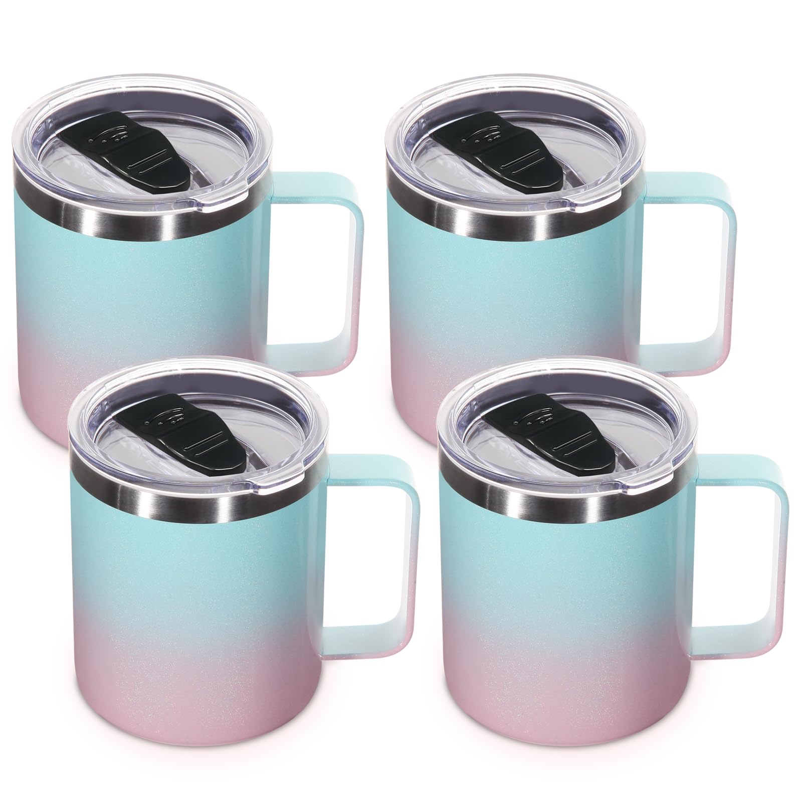Volhoply 14oz Insulated Stainless Steel Coffee Mug with Lid Bulk 4 Pack,Double Wall Vacuum Travel Coffee Cup with Handle,Reusable Metal Tumbler,Camping Mugs Keep Hot,Christmas Gifts(Green Pink,4)