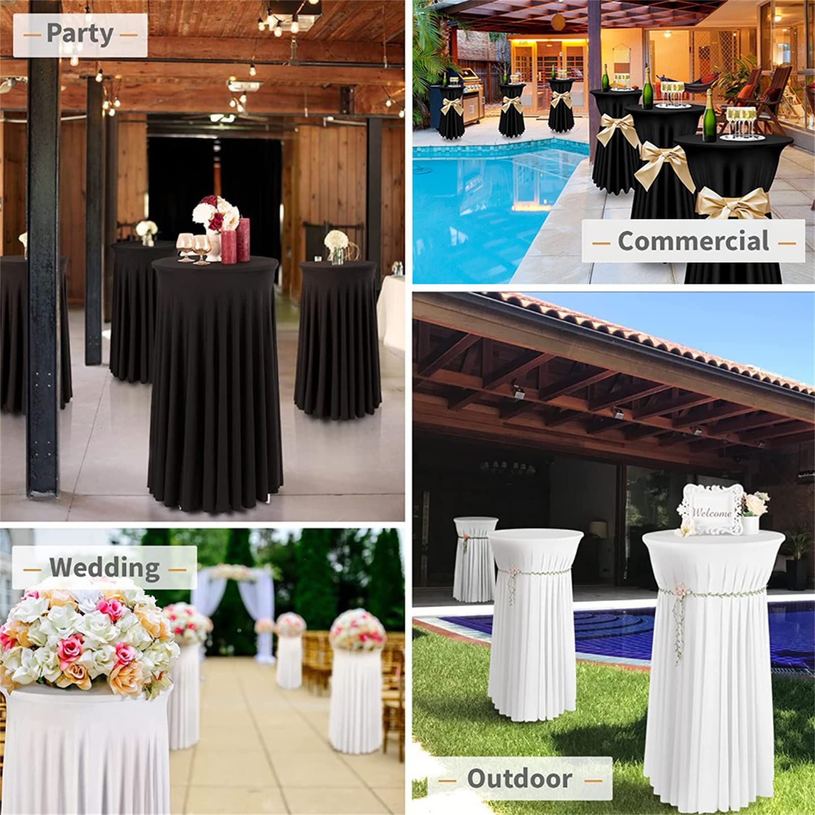 1/2/4 Paquetes De Fundas para Mesa De Cóctel,Mantel Redondo Elástico De Licra con Falda, Falda De Mesa De Cóctel para Mesa De Banquete De Boda De Fiesta (Black,4Pcs-80cm)
