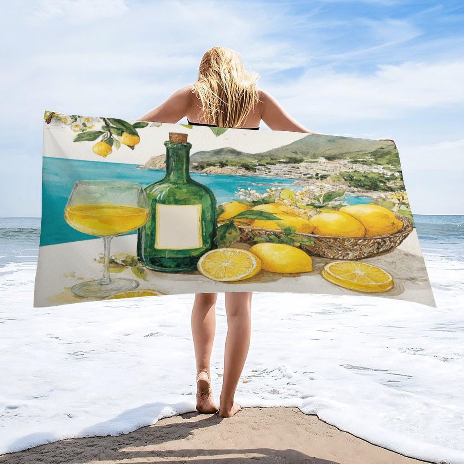 Luyysky Classic Colorful Fruit Lemon Quick-Drying Beach Towel, Beautiful European Italian Coastal City Plant White Flowers Wine Travel Vacation Single Sided Pile Bathroom Towels-80 W Cm X 160" L Cm