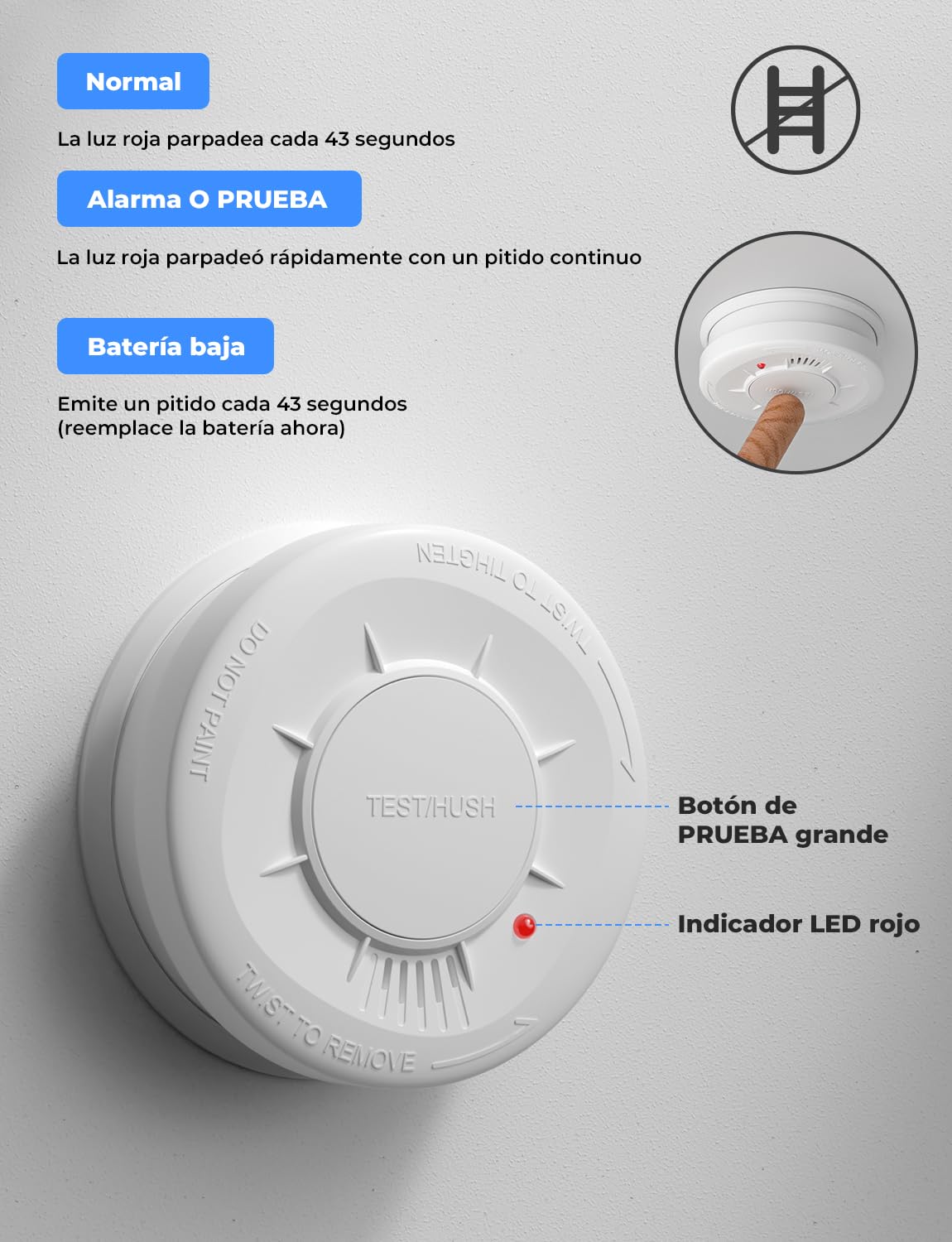 LIORQUE Detector de Humo, Alarma de Humo con Sensor de 10 Años, 5 Años de Duración de Batería, Detector Incendios with LED Indicator con Alarma de 85 dB (1 Pieza)