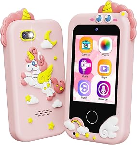 Kikidex Kids Smart Phone for Girls, Perfect Christmas Birthday Gifts for 3-8 Year Old Kids, Touchscreen Learning Play Toy Smartphone with Dual Camera, Puzzle Game, Music Player (Pink)