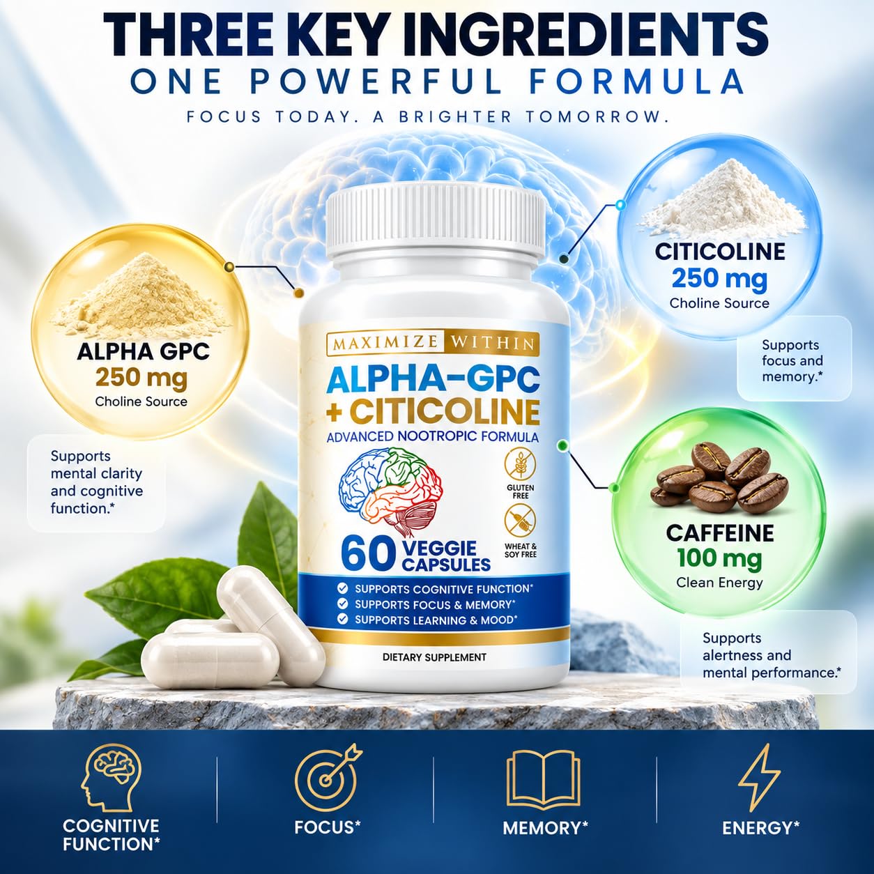 Alpha GPC + Citicoline 60 Ct, 1600mg Concentrated Formula- 99%+Highly Purified & Bioavailable Nootropic-Cognitive Enhancer, Supports Memory, Brain Function, Boosts Focus, Mood & Energy — Amazon image 3