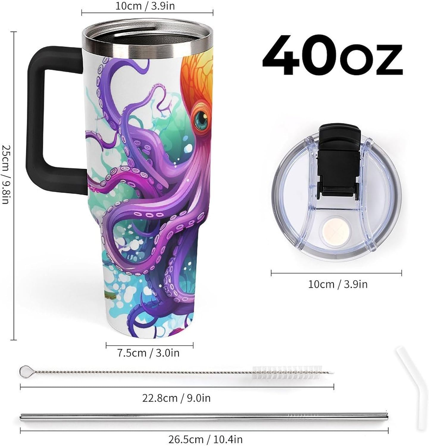 40 Oz Tumbler with Straw And Lid Colorful Octopus Insulated Travel Coffee Mug Stainless Steel Water Bottle Vacuum Insulated Tumblers for Sport Work Car Travel Weekends