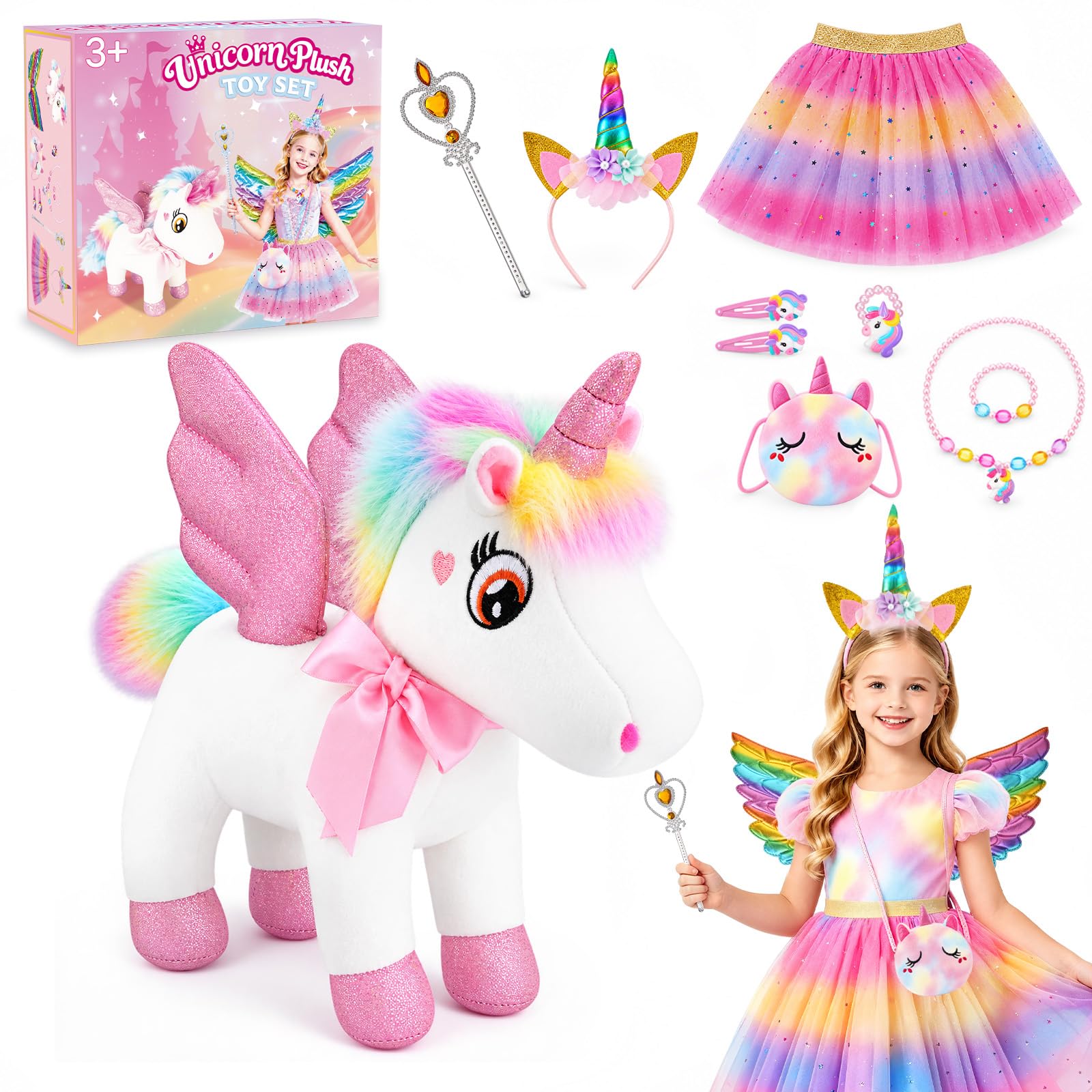 EUCOCO Unicorn Toys for Girls Age 3 4 5 6 7, Unicorn Stuffed Animal Soft Toys for 3 4 5 6 7 Year Old Girl Gifts for 5 6 7 8 Year Olds Girl Toys 5-9 Soft Toys Dress Up Doll Gift for Girls Birthday Bag