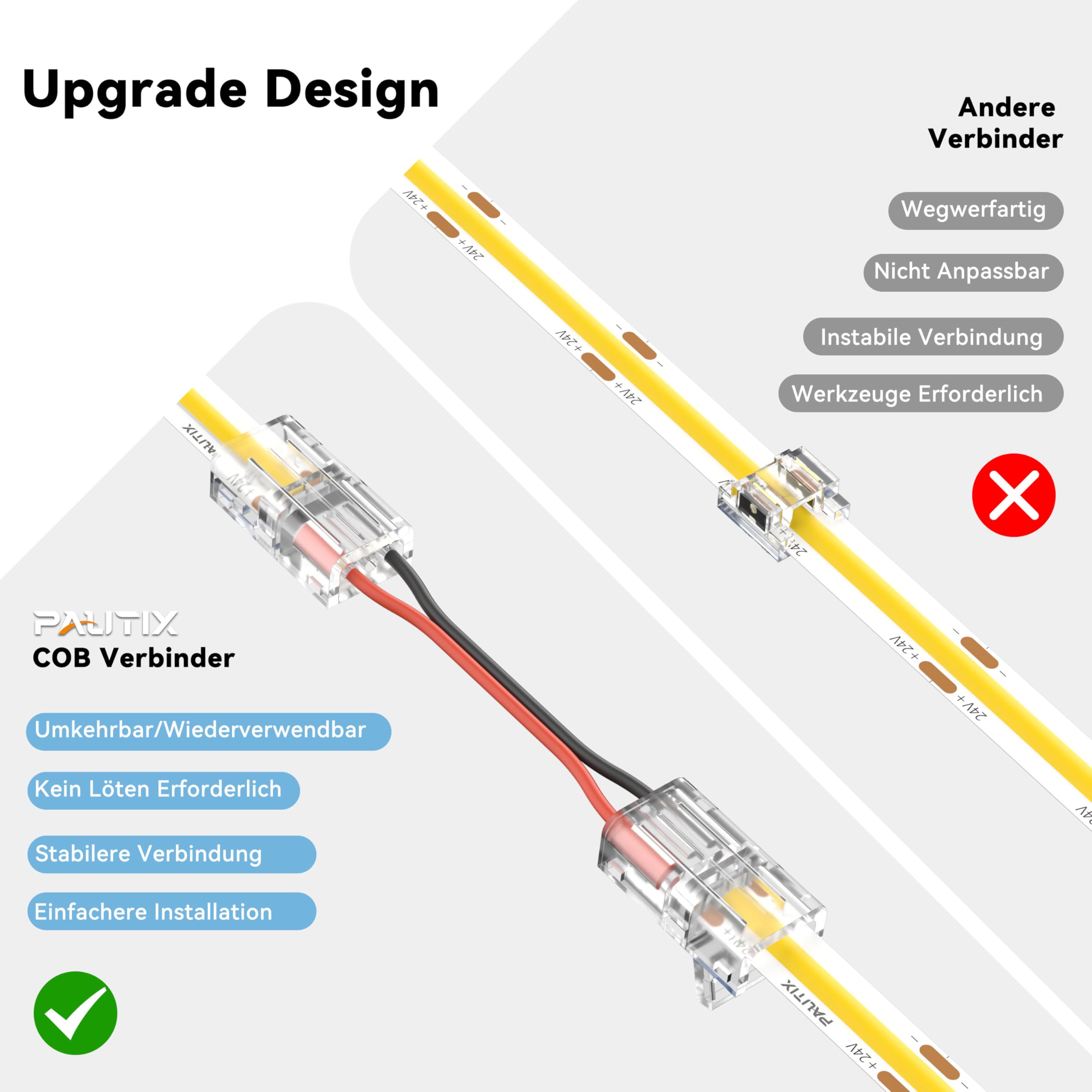 PAUTIX COB LED Streifen Steckverbinder für 8mm 2-Pin,20Stück Wiederverwendbare Streifen zu Kabel Verbinder,3M 22AWG Verlängerungs Kabel für Nahtlose Lötfreie Installation für 5V 12V 24V 2835 LED Strip