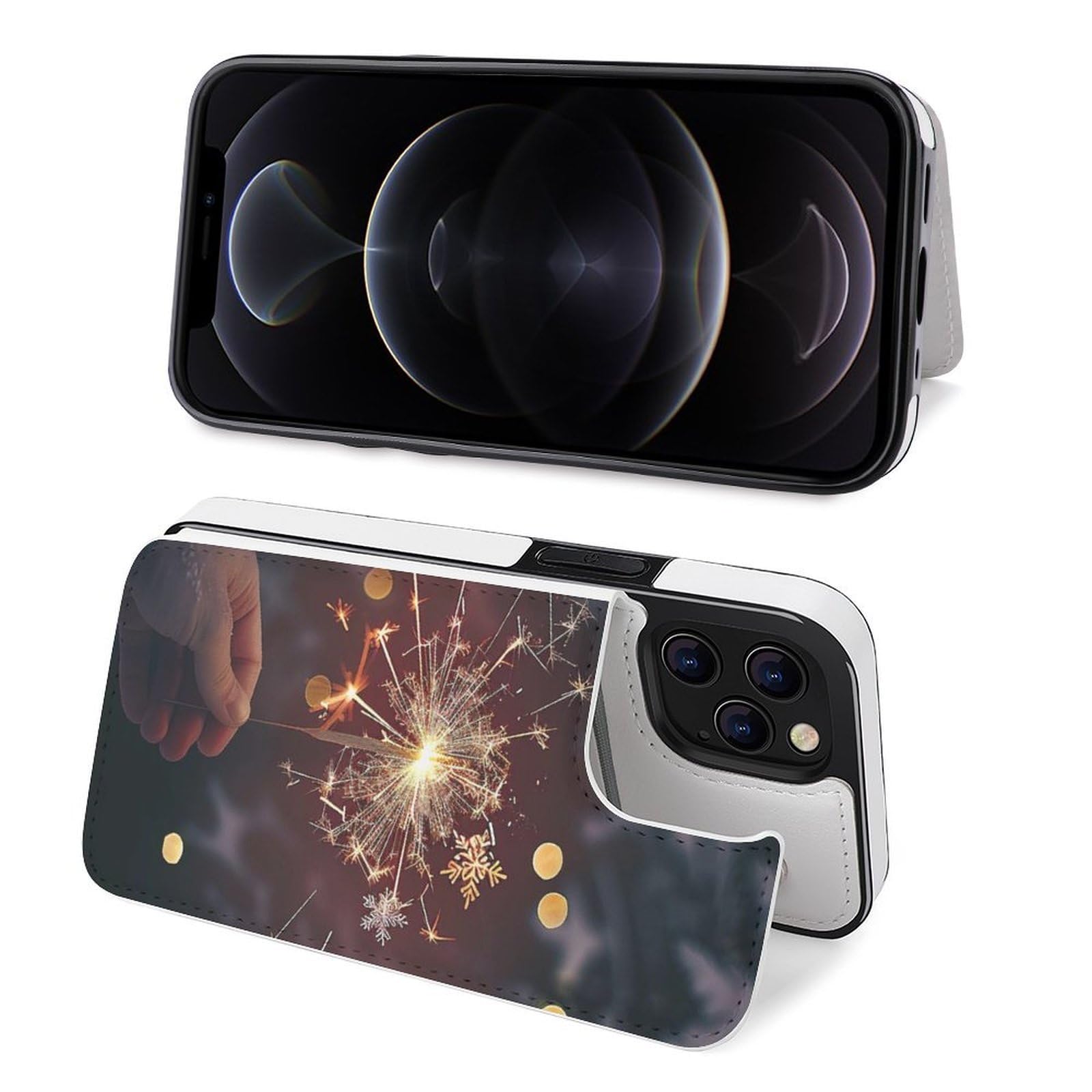 Fundas tipo cartera para iPhone 12 Pro Max, diseño de Feliz Año Nuevo, funda de piel con ranuras para tarjetas