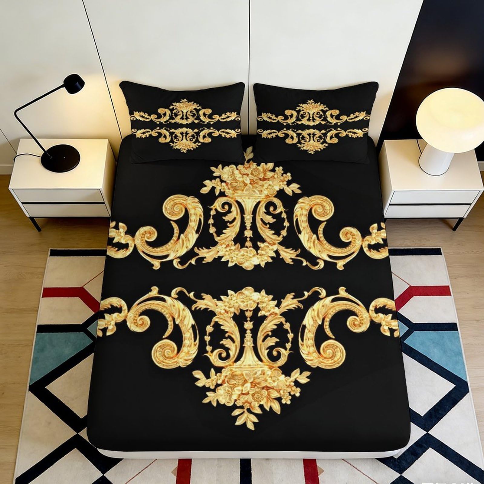 3D Printed Baroque Gold Pattern Fitted Sheet Microfiber Black Mattress Cover Decorative for Bedroom Guestroom 90x200x25cm