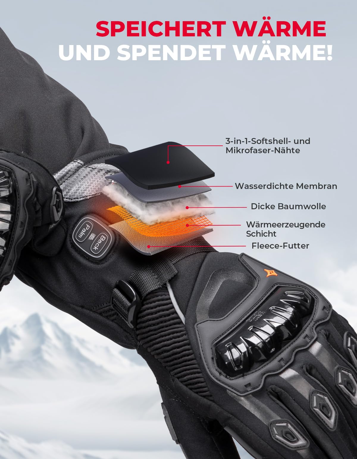 KEMIMOTO Beheizbare Motorradhandschuhe Winter, Beheizte Handschuhe Touchsreen, Magnetische Hybrid-Stromversorgung mit 3000mAh Akku, Elektrisch Thermohandschuhe für Motorradfahren, Skifahren, Roller