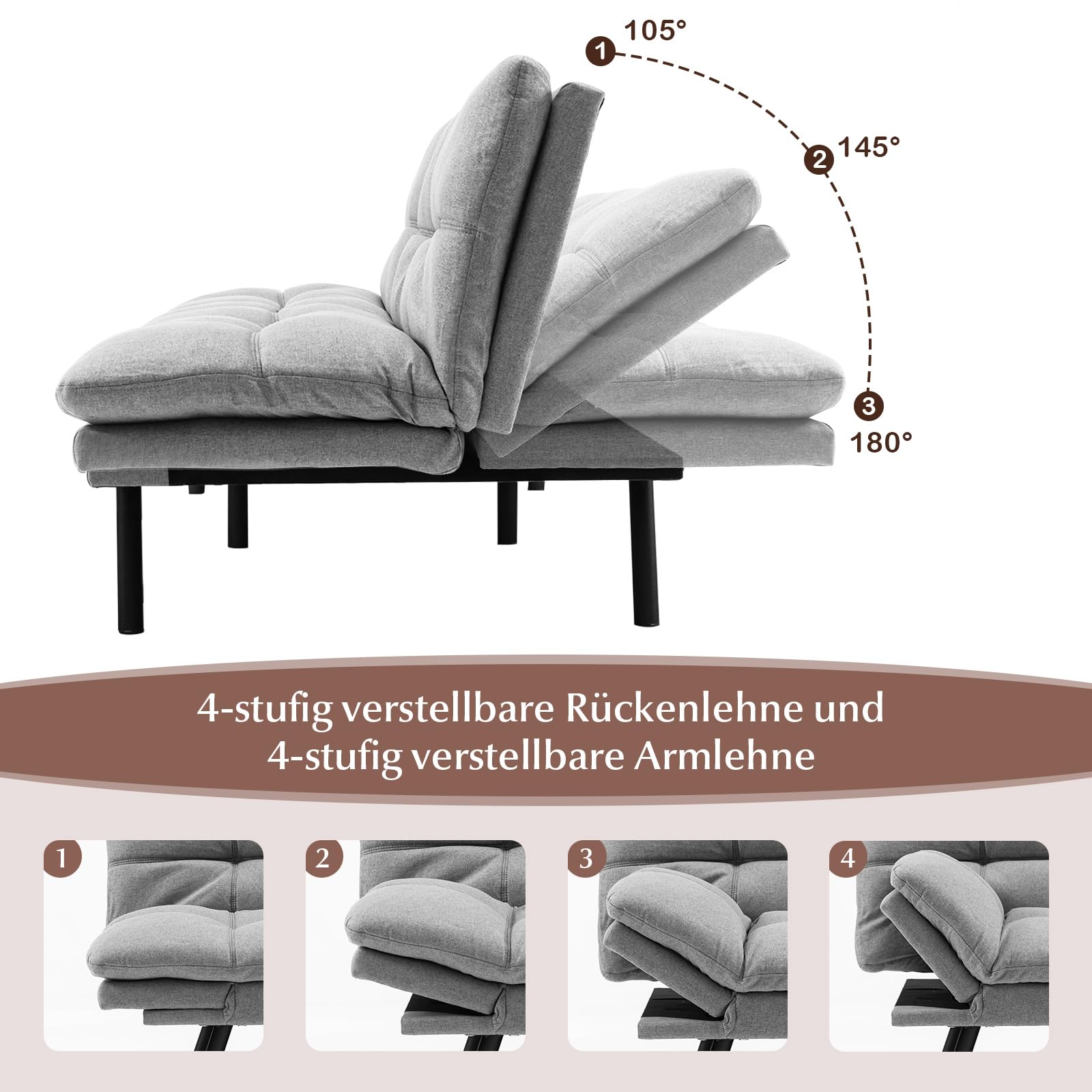 GOPLUS Kanapa z funkcją spania, sofa rozkładana z funkcją spania, 2-osobowa sofa z regulowanymi podłokietnikami, oparcie odchylane 105°/145°/180°, powierzchnia leżenia 182 x 106,5 cm, łóżko-sofa do