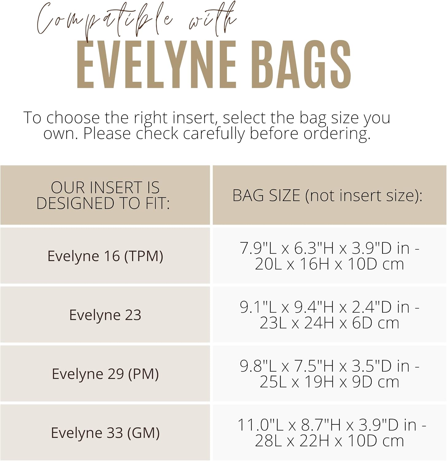 Divitize Premium Purse Organizer compatible with Evelyne Bag Insert — Silver Zipper Perfect Fit, Durable Quality Felt, Full Coverage No Bulk, 24+ Shades (Lightcoffee, for Evelyne 29)